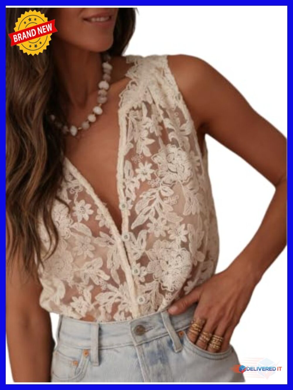 Sheer Lace Embroidered Boho Tank Top Sleeveless V-Neck